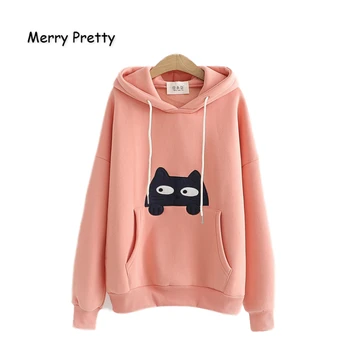 

MERRY PRETTY Women's Harajuku Hooded Sweatshirts Cartoon Cat Embroidery Hoodies Winter Plus Velvet Pullover Loose Tracksuit