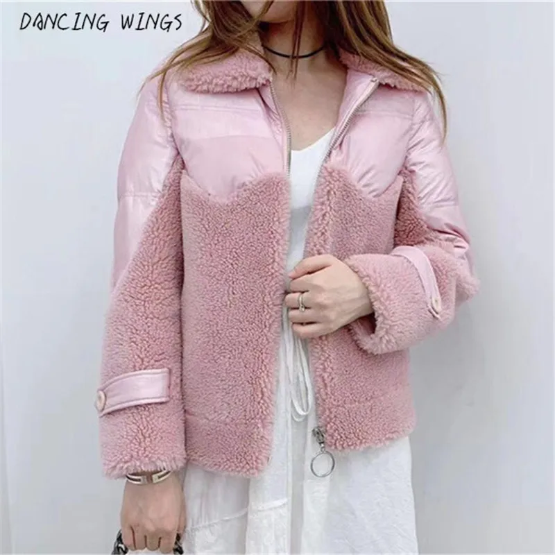 

Winter Jacket Women 90% White Duck Down Coats Patch Lamb Wool Female Parka