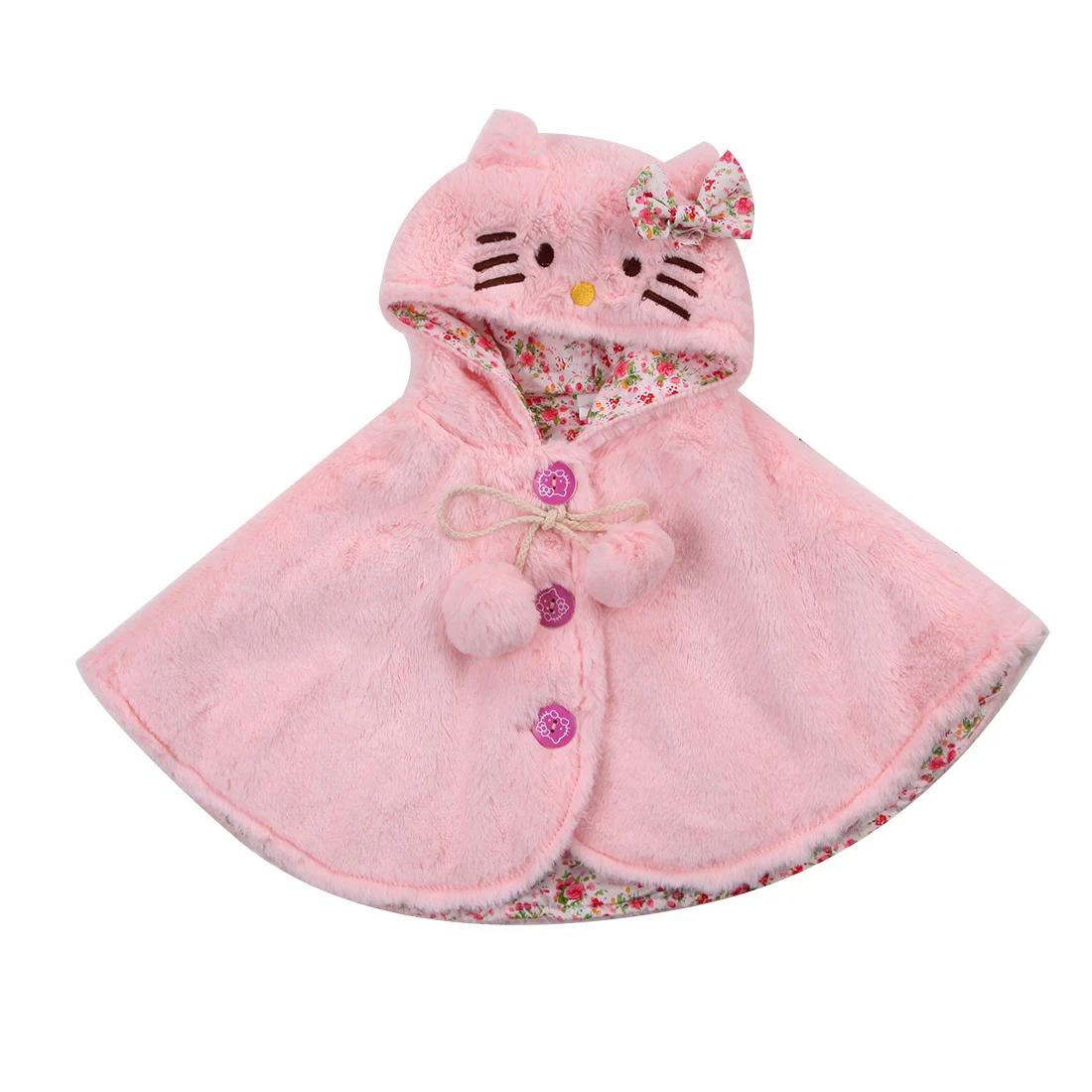 Милый плащ-пончо с капюшоном для маленьких девочек; Верхняя одежда; детское зимнее теплое пальто на пуговицах; топы - Цвет: Розовый