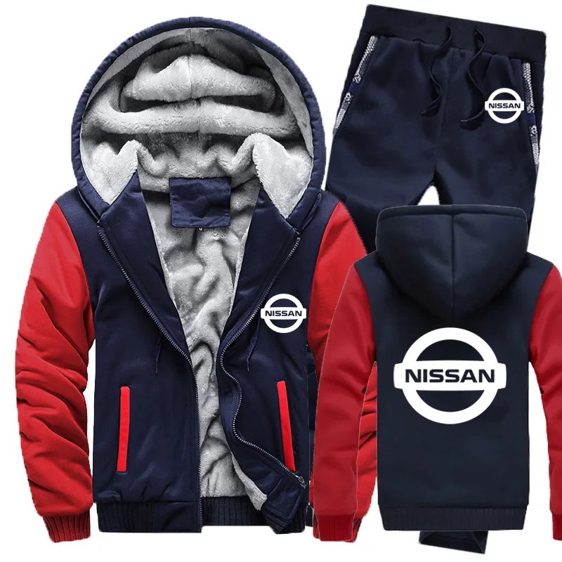 

Hoodies Men Nissan Car Logo Mens Hoodies Suit Winter Thicken Warm Fleece cotton Zipper Tracksuit Mens Jacket+Pants 2Pcs Sets
