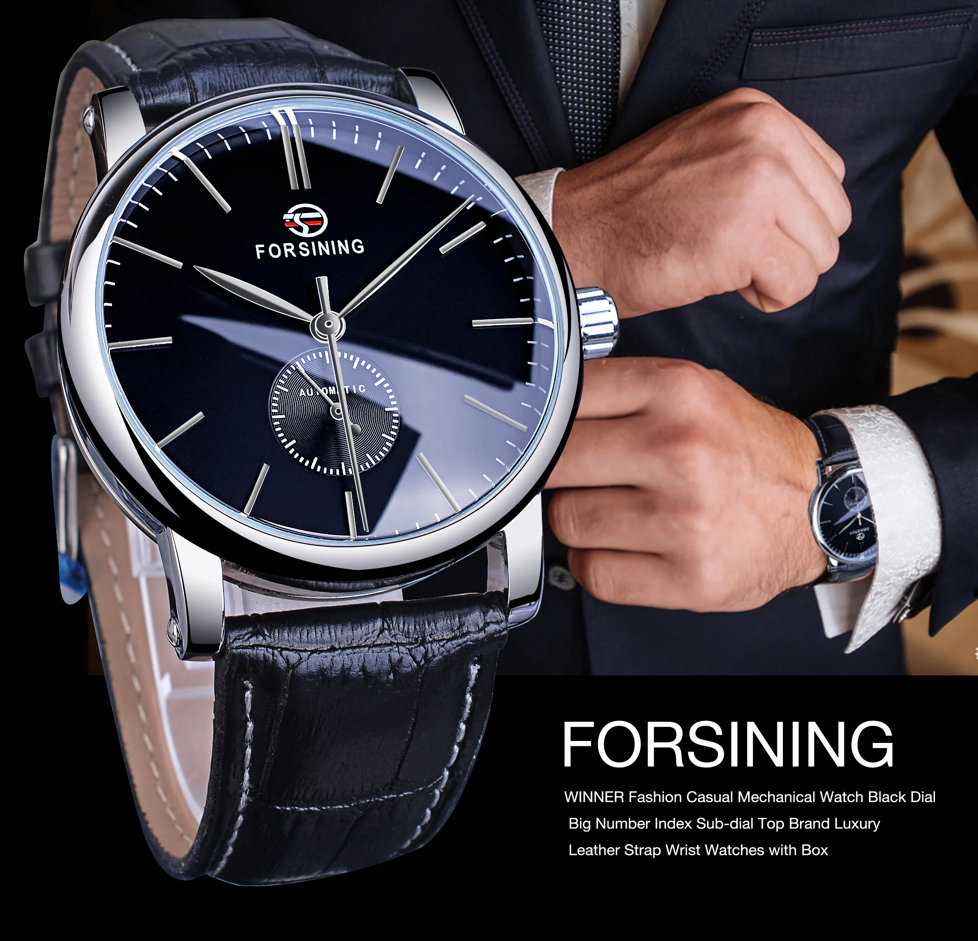 Forsining Minimalist Men's Mechanical Watch Black Slim Dial