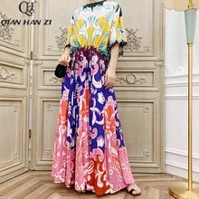 Qian Han Zi Брендовое осеннее дизайнерское подиумное модное Макси-платье женское с длинным рукавом винтажное Плиссированное длинное пляжное платье с принтом
