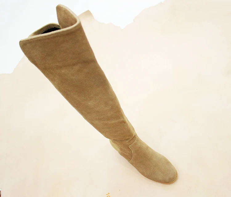 Over The Knee Women Boots Beige Suede Leather Long Boot Black Stretch Fabric Patchwork Shoes Med Heels Slip On Ladies