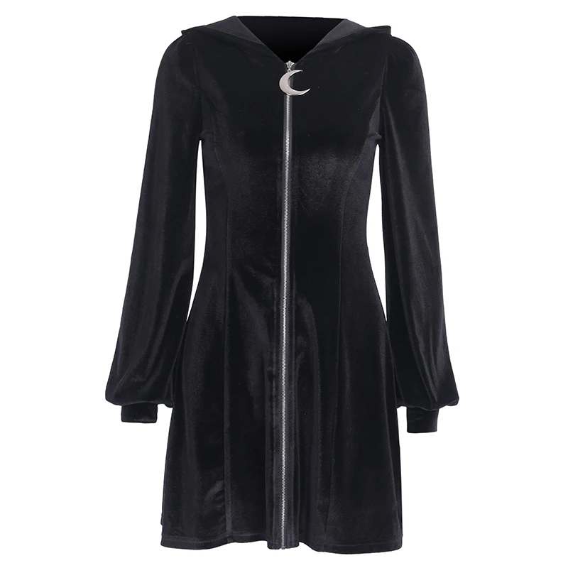 Black InsGoth Moon Zipper Black Dress Women Gothic Vintage Mini Hooded Velour Dress Casual Streetwear Harajuku Lady Party Dress Autumn - Цвет: Black