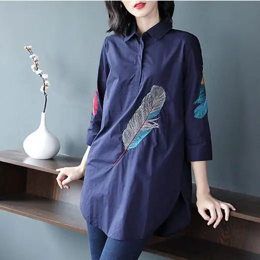100% Cotton Plus size Feather Embroidery White Long Blouse Women 3/4 Sleeve Art Loose Ladies Office Work Tops Button Down Shirts
