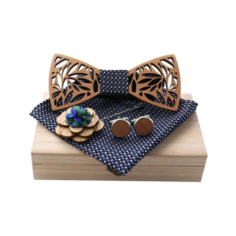 Wooden Bow Tie Handkerchief Set Men Women Hollow Wood Carved Floral Corsage Cufflinks Jewelry Gifts
