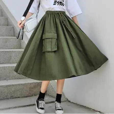 Японские Мори девушка длинные юбки для женщин Высокая талия армейский зеленый зонтик юбки карман женский хлопок миди Saia сплошной цвет - Цвет: Army Green