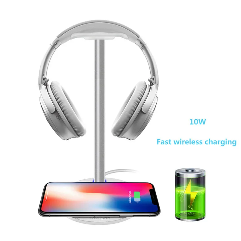 Headphone Stand with Wireless Fast Charging Aluminum Headset Holder Smart Phone Charger Adapter for ios Android