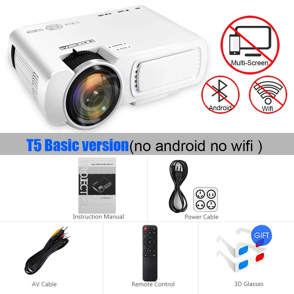 T5 White Мощный мини-проектор T5 с поддержкой 720P 170 ''HD светодиодный проектор для домашнего кинотеатра, совместимый с ТВ-палкой, PS4, HDMI, VGA, TF, AV и USB - Цвет: T5 White