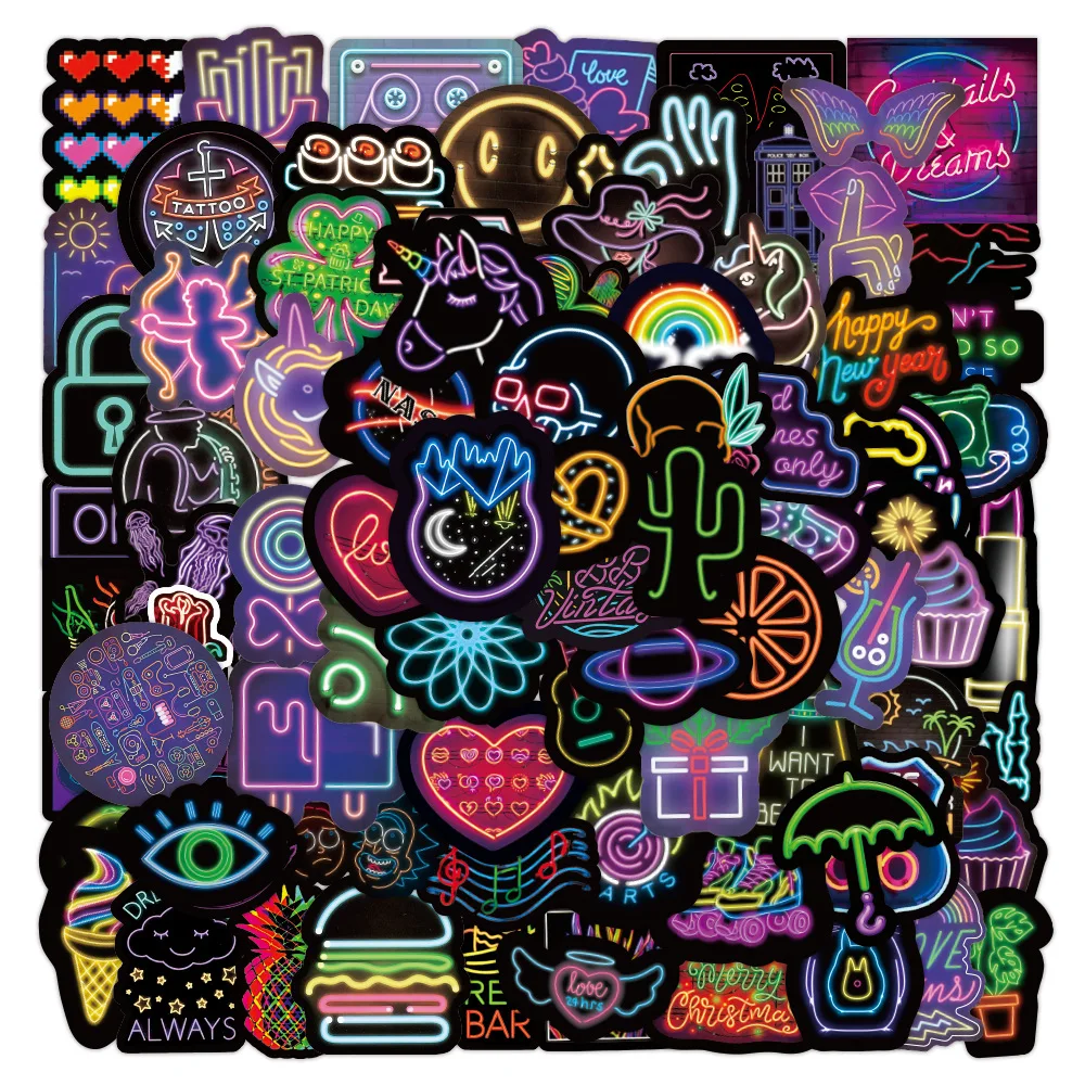

100PCS Neon Light Sticker Gifts Toys for Children Anime Animal Cute Decals Stickers To Laptop Phone Suitcase Guitar Fridge Car