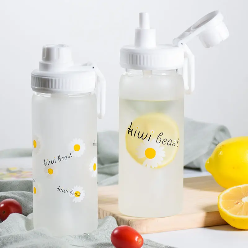 500ml Kawaii Small Daisies Milk Water Bottle With Straw Portable Leakproof Frosted Glass Fashion Cute Drinking Coffee Cup