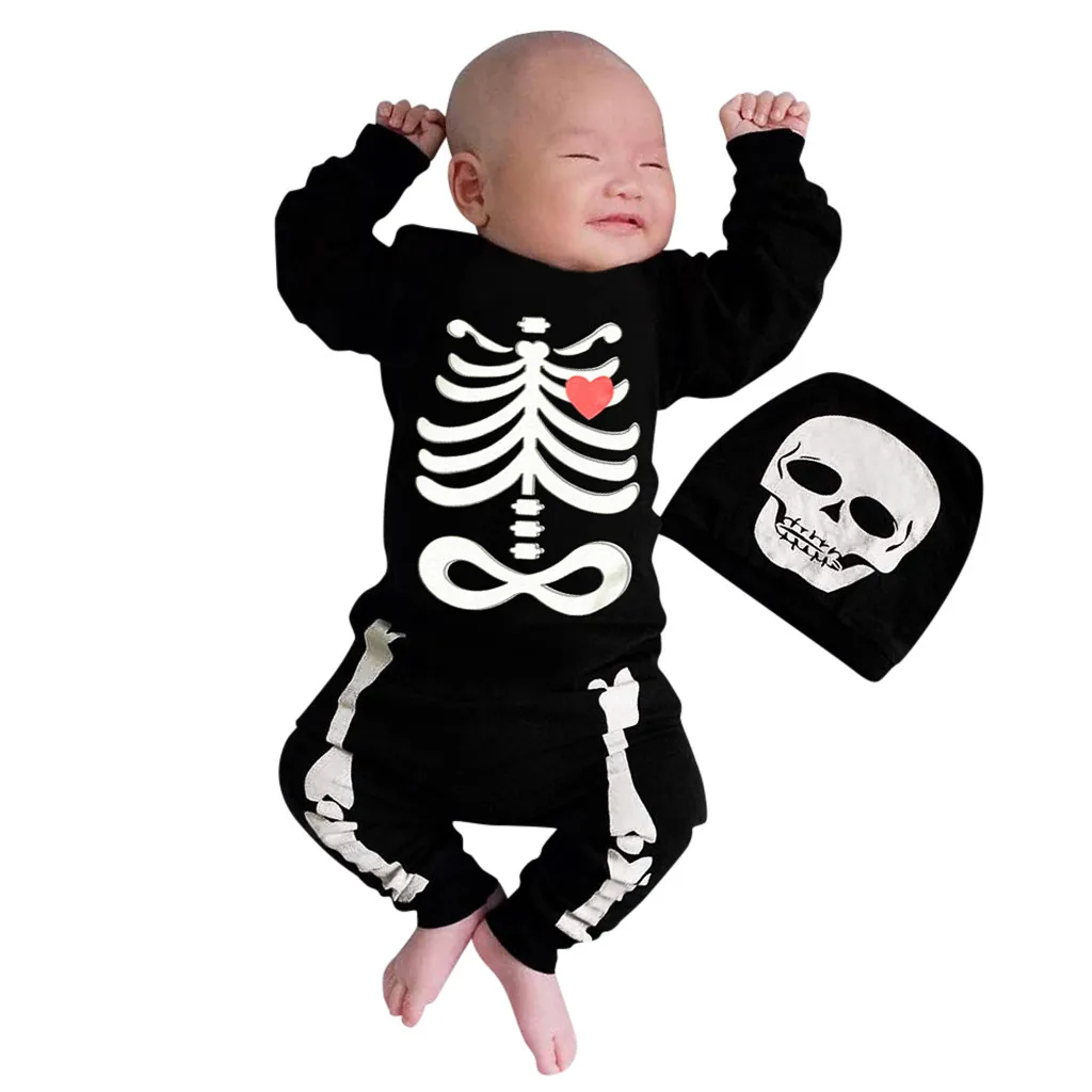 Halloween Bone Print Romper Jumpsuit+Hat Set Outfits Newborn Baby Boys Girls Toddler Halloween costume Lively Kombinezon Dziecko