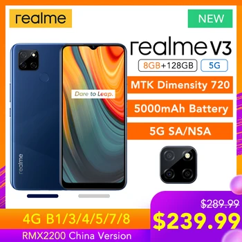 Перейти на Алиэкспресс и купить Realme V3 5G 8 ГБ ОЗУ 128 Гб ПЗУ Helio Dimensity 720 5000 мАч батарея 18 Вт Быстрая зарядка 6,5 дюймдисплей 13 МП камера Многоязычная