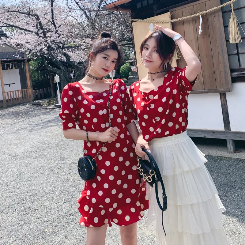 

Red Polka Dot Dress Women's Summer 2019 New Style High-waisted Short-height Very Fairy of France Non-mainstream Platycodon Grand