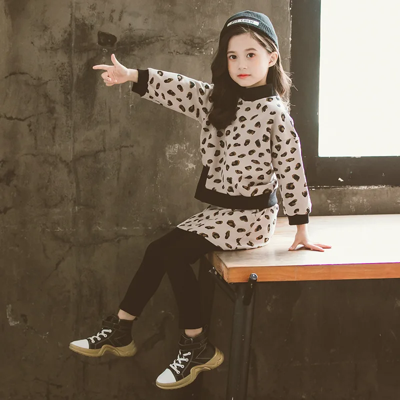 Комплекты одежды для девочек Леопардовый принт, осень, Детский комплект из 2 предметов, толстовка+ юбка, леггинсы