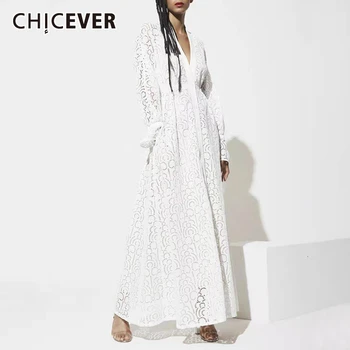 

CHICEVER Hollow Out Embroidery Dress For Women Flare Long Sleeve V Neck Loose Plus Size Dresses Female 2020 Autumn Fashion New