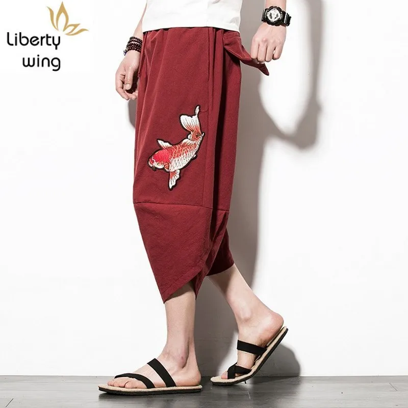 

Fish Embroidery Mens Loose Harem Summer Beach Cotton Linen Drop Crotch Wide Leg Pants Baggy Hip Hop Trousers Plus Size 5XL