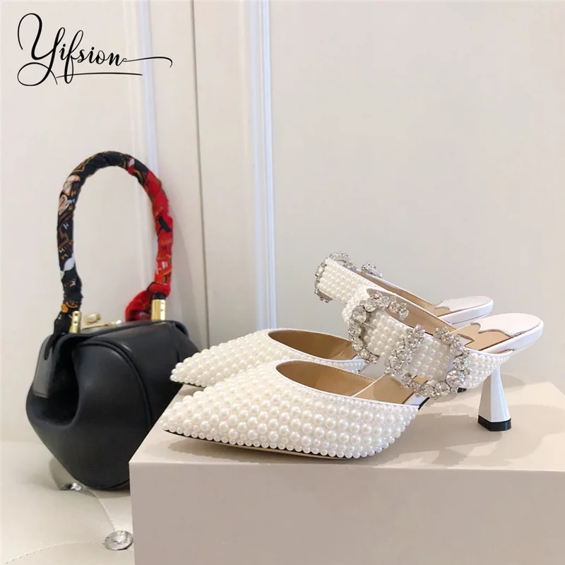 

OLOME New Spring Summer Blingbling Pearls Surface Women Pumps Sexy Pointed Toe Slip On Thin High Heel Pumps Mules Shoes Woman