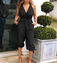 

2021 Summer Casual Fashion Slim Open Back V-neck Jumpsuits Women Solid Sashes Folds High Waist Bow Rompers One Piece Outfit Red