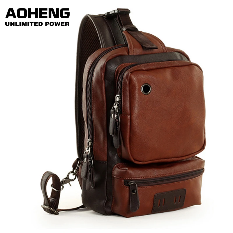 AoLuHeng Men Leather Chest Crossbody Bags Shoulder Waterproof Backpacks Fashion Outdoor Business Casual Bag With Earphone Hole | Багаж и
