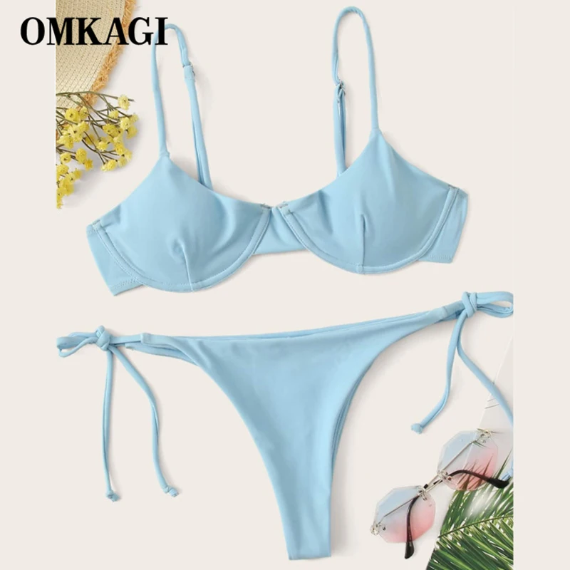 OMKAGI New Bikini Solid Swimwear Women Mini Thong 2021 Summer Swimsuit Bikini Set Brazilian Biquini Push Up Swimsuit Female womens swimwear