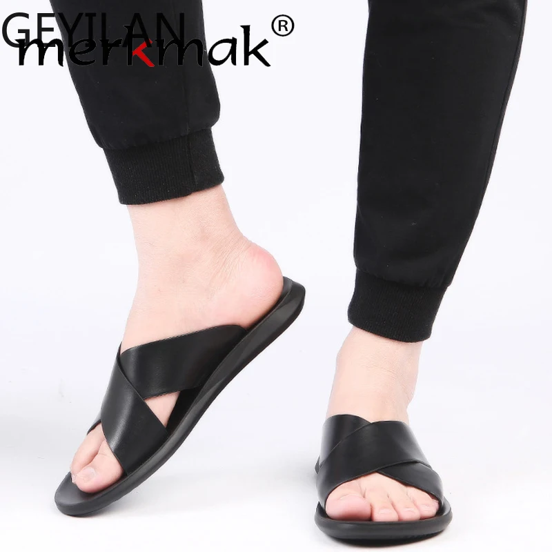 

Sandals men Genuine Leather Slippers Summer Brand Soft Comfortable Beach Slippers Men Casual Cross Outdoor Slides