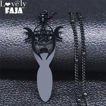 

2020 Witchcraft Goddess Pentagram Moon Stainless Steel Necklace Women Black Color Charm Necklace Jewelry collares N4219S03