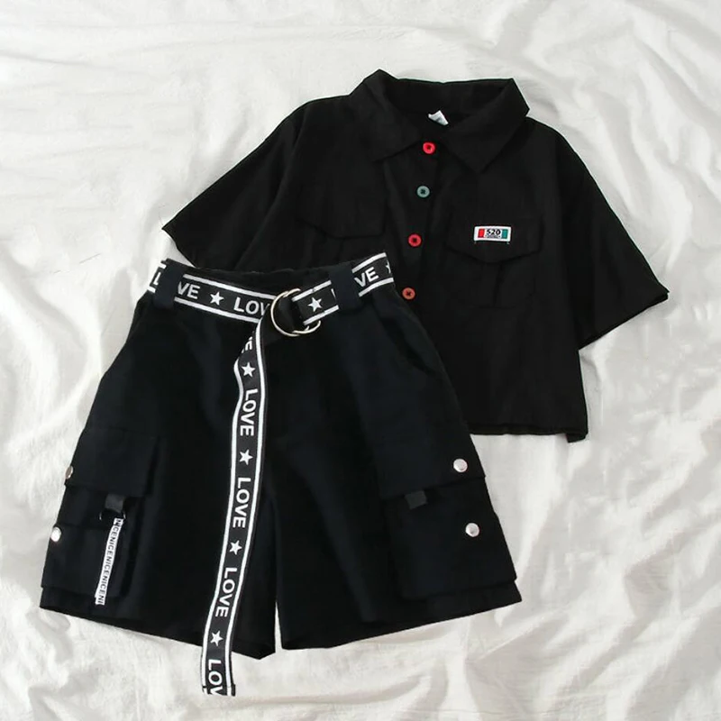 Conjunto de dos piezas formado por camiseta y pantalón corto, Camiseta holgada, con cinturón, para verano, 2021