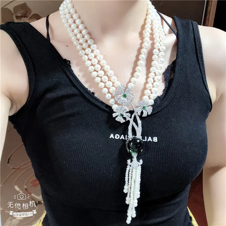 Hand knotted 3rows natural 8-9mm white freshwater pearl fashion necklace micro inlay zircon accessories