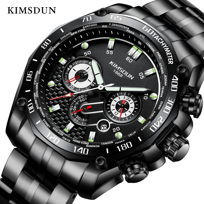 

KIMSDUN Men's Fashion Watch Classic Elegant Black Chronograph Sport Watch Quartz Luxury Brand Waterproof Date Steel Male Watches