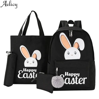 

Aelicy 2020 fashion ladies fur ball pendant Oxford cloth backpack clutch simple style multifunctional large capacity canvas 4PCs