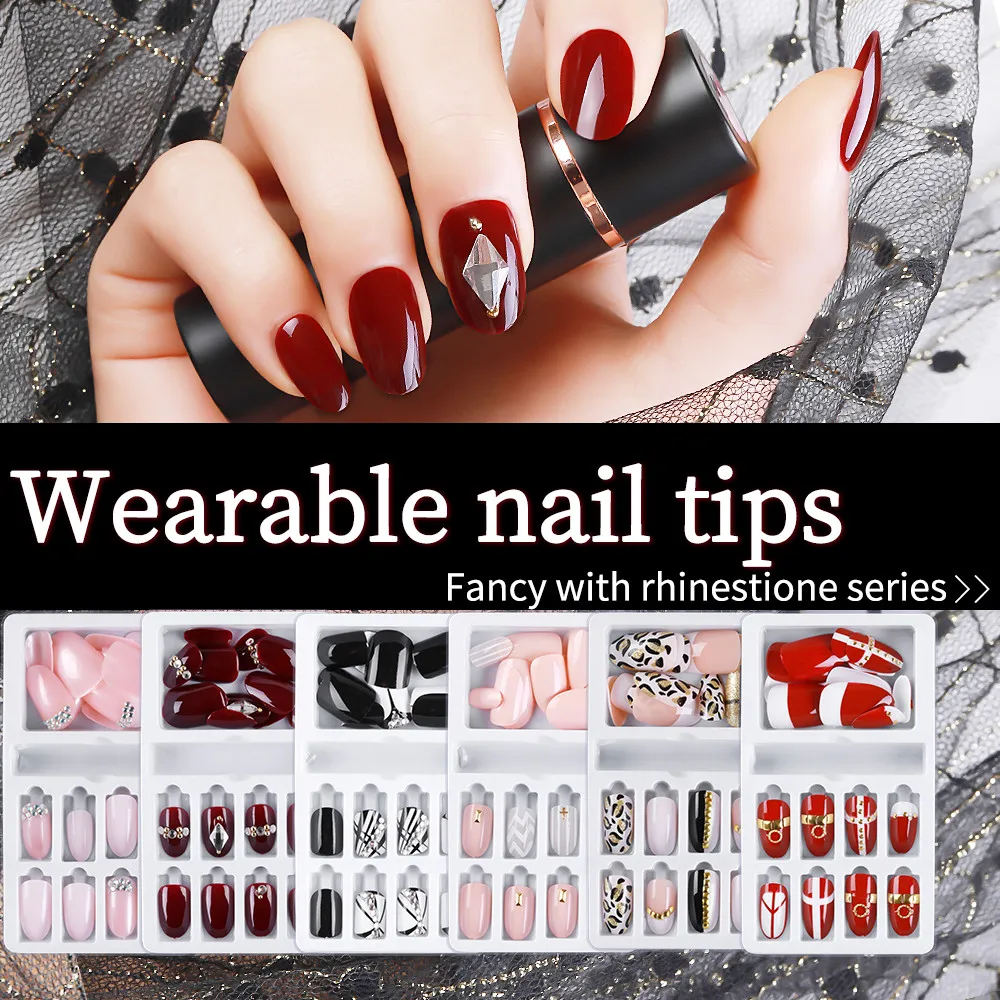 

24Pcs/set Reusable Fake Nails Leopard Print Rhinestones Glitter Pointed Ladies Press On Designed Nail Tips   2020