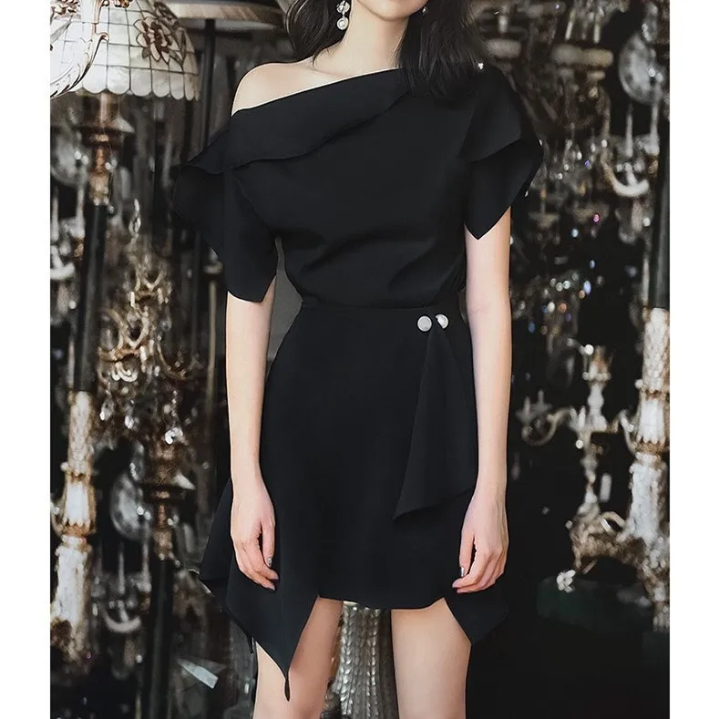 

Women Slash Neck Blouse Irregular Skirt Two Piece Set Beading Elegant One Shoulder Tops And Party Mini Skirts Work Suit
