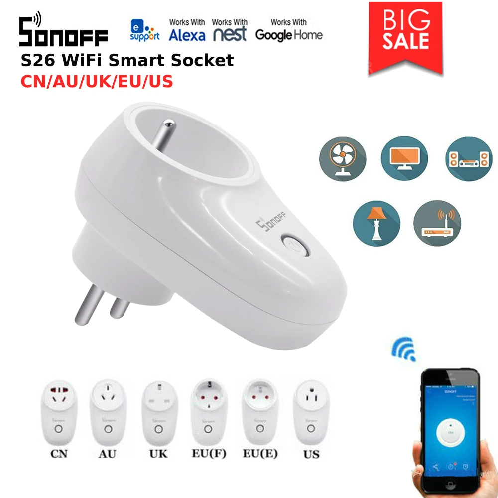 

Ewelink Itead Sonoff S26 WiFi Smart home Power socket EU/US/UK/CN/AU standard timer work with Alexa Google home IFTTT