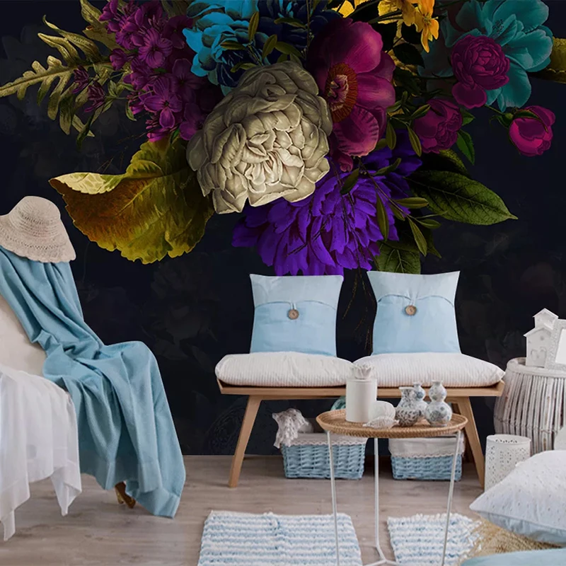 Пользовательские настенные фрески Ретро цветок черный фон украшение стены картина отель кабинет спальня обои Papel де Parede 3D