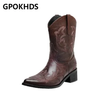 

GPOKHDS 2020 women ankle boots soft cow leather winter short plush pointed toe high heels embroidered boots party dress