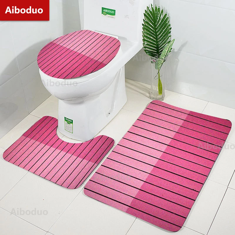 

Aiboduo 3pcs/set NonSlip S M Size Pink Stripe Illustration Toilet Lid Cover Set Carpet BathMat Restroom Rug Cute Home Decoration