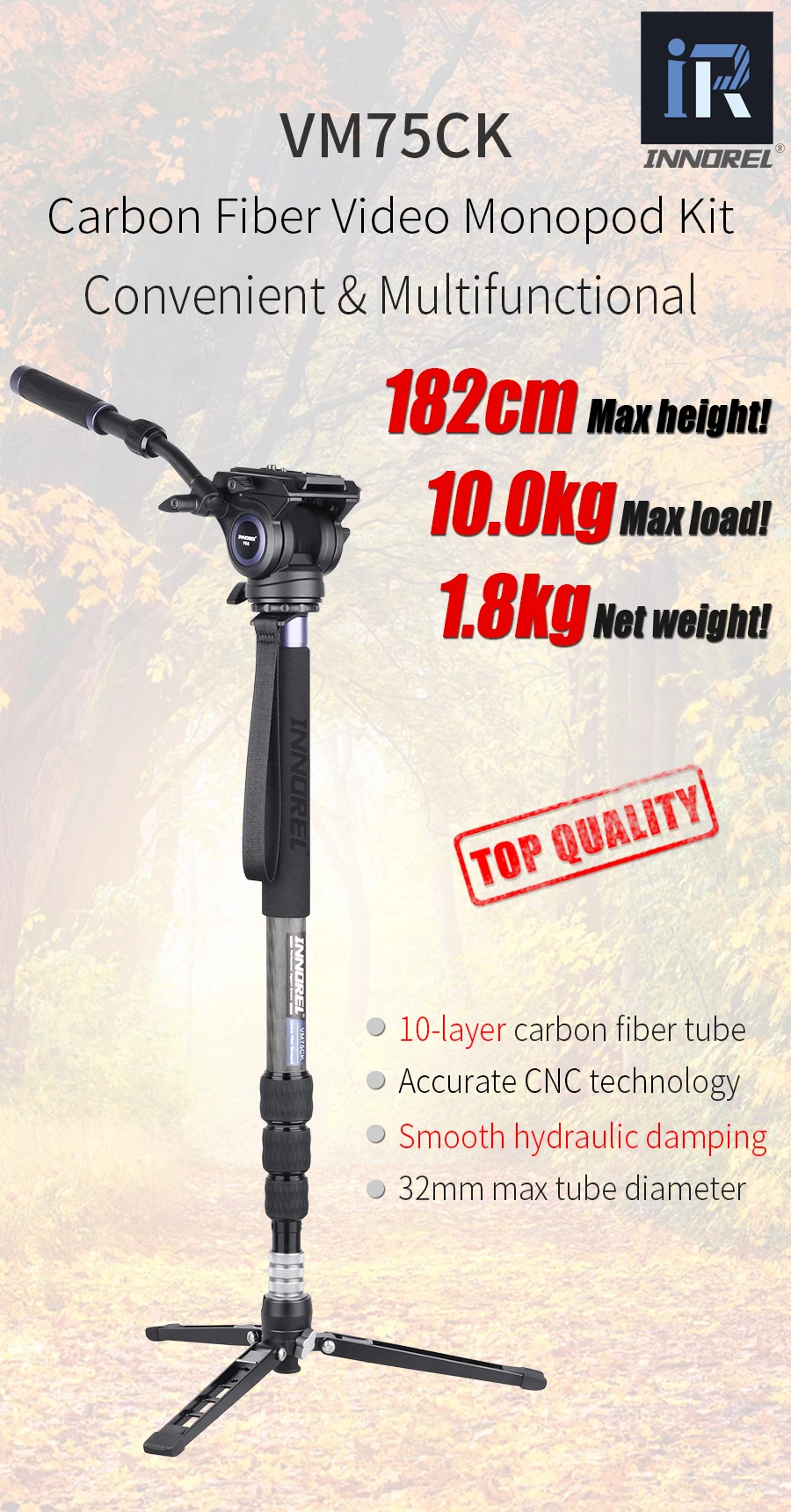 VM75CK Carbon Fiber Video Monopod Kit with Professional Fluid Head Removable Tri