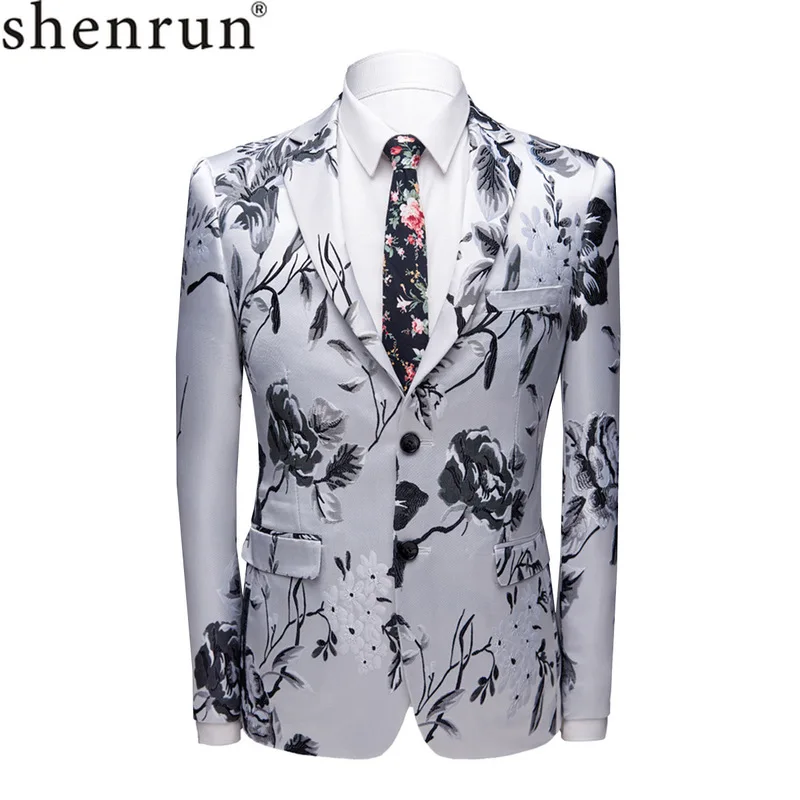 

Shenrun Men Blazer Fashion Slim Fit Floral Jacquard Casual White Jacket Wedding Groom Party Prom Male Suit Jackets Stage Costume