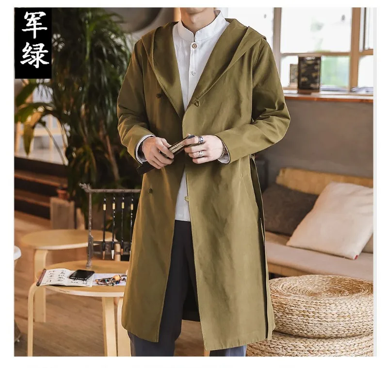 

2019 Chinese-style Men Long Sleeve Trench Coat Retro Embroidered Loose And Plus-sized Oblique Placket Frog Cardigan Trench Coat
