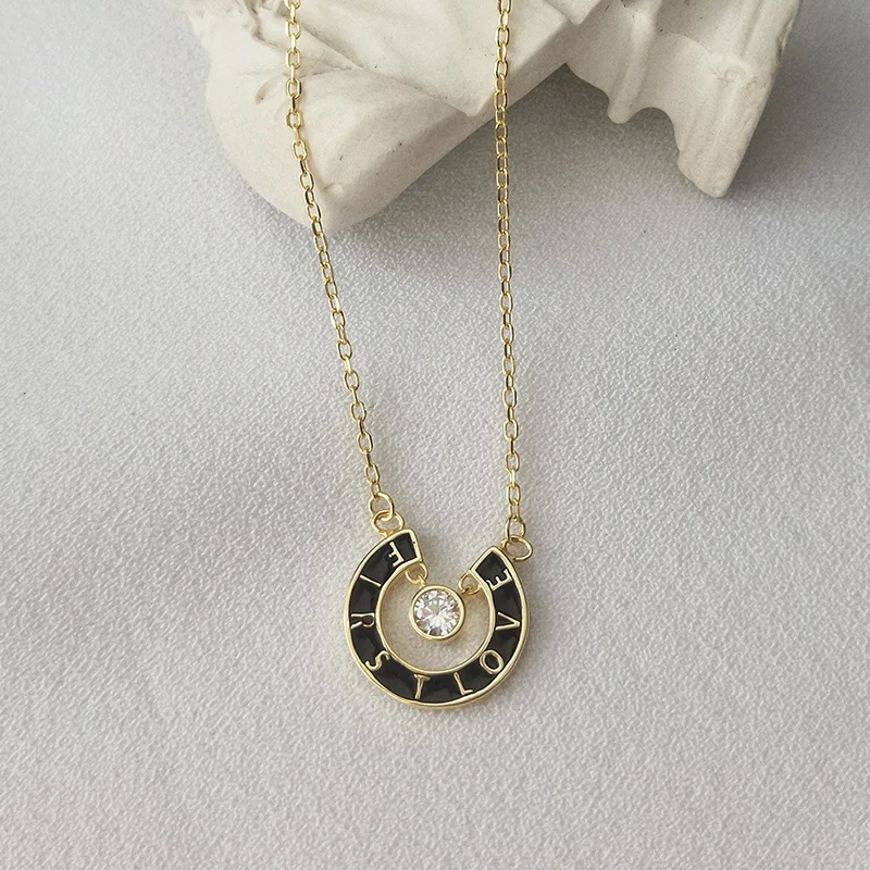 

S925 Fine Silver Necklace English Lettered Necklace Women's Pierced Black Circle Choker Wechat Business