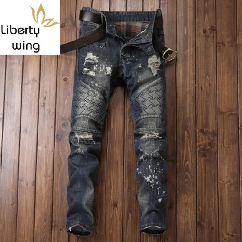 

Male Fashion Jeans Men Classical Spring Cowboy Pants Straight Full Length Motor Men's Hole Ripped Jean For Man
