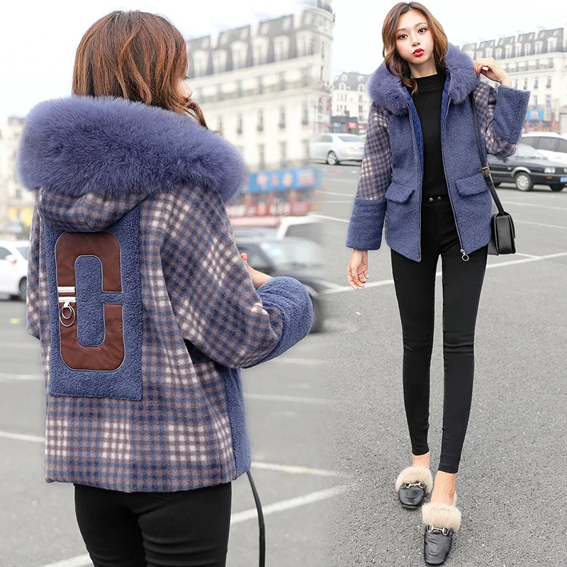 

2019 Winter New Style Korean-style Sweet Fashion Thick Large Fur Collar Short-height Loose-Fit Plaid Cropped Jacket