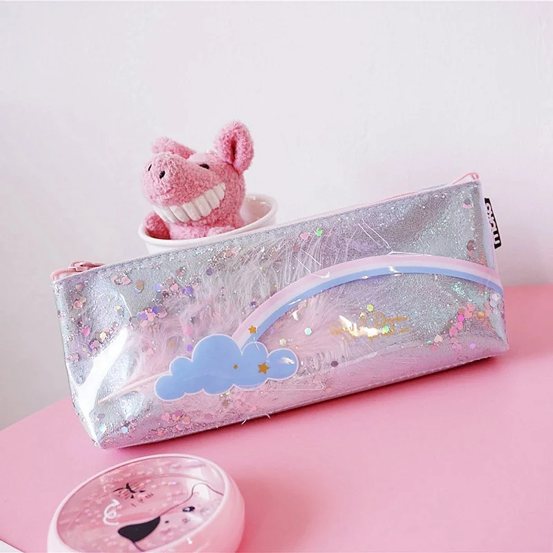 Unicorn Pencil Case Rainbow Feather Pencilcase For Girl Stationery School Cute Pen Box Student Supply Sequin Cosmetic Bag - Цвет: BL
