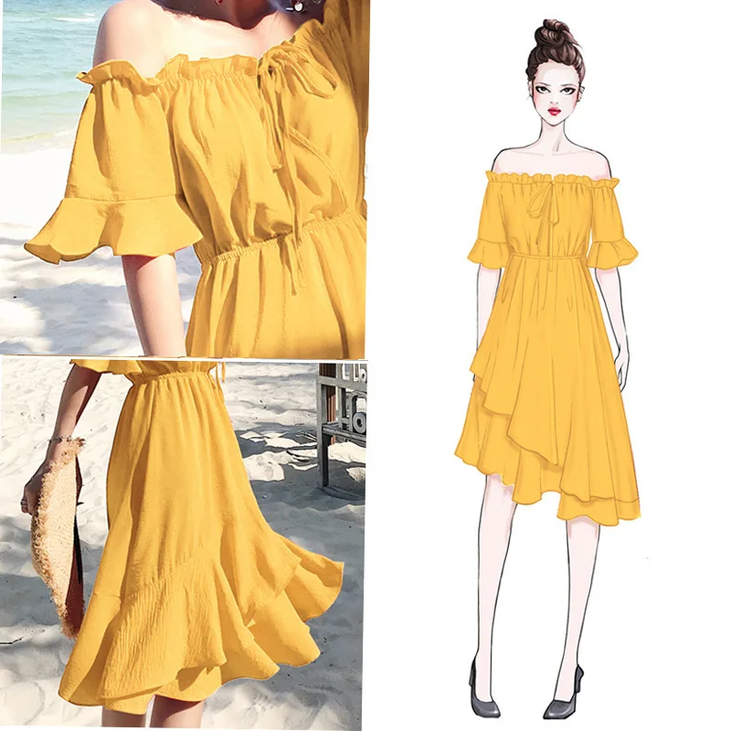 

Hot Selling 2020 New Style Fairy Beach Skirt Zi Xia Chiffon Seaside Holiday off-Shoulder Dress Women's