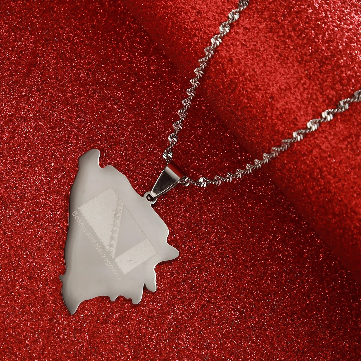 Trendy Silver Color Stainless Steel Bosnia & Herzegovina Map Pendants Necklace For Women Men Girls Fashion Jewelry Accessories 3