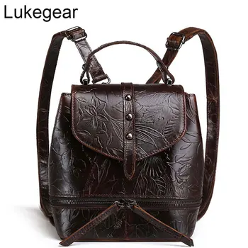 

Lukegear Genuine Leather Women Backpack Retro Embossing Flower Purse Backbags Mini Size Travel Bags Girls
