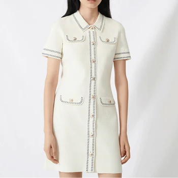 

HIGH STREET 2020 Newest Designer Dress Women's Short Sleeve Classic Contrasting Topstitching Knitting Dress