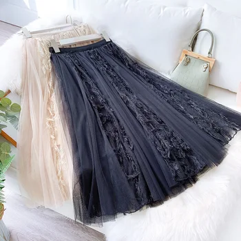 

Spring Fairy Feathers Tassels Patchwork Long Gauze Skirt Romantic Elegant A-line Pleated Tutu Summer Style Tulle Skirts