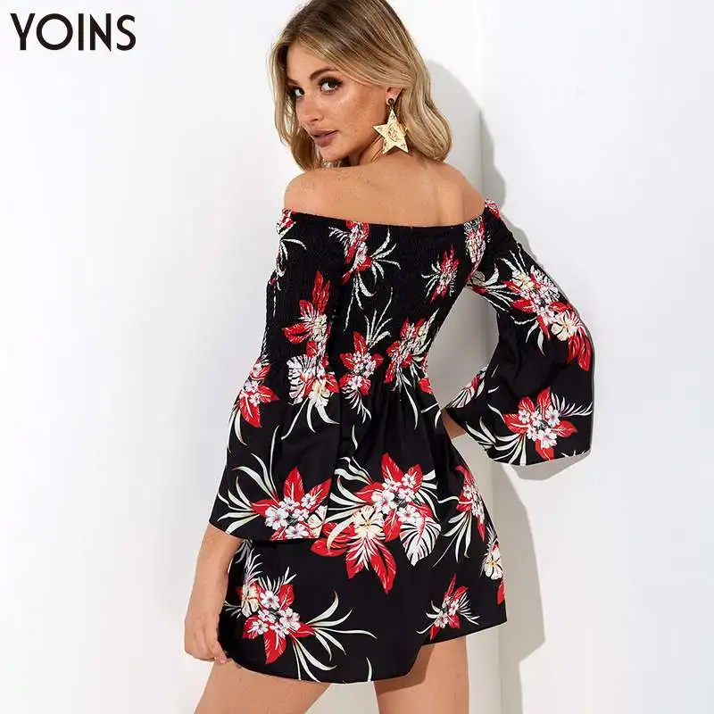 YOINS богемное платье с цветочным принтом, с открытыми плечами, с расклешенными рукавами,, женские винтажные Элегантные мини платья, пляжные вечерние платья, Vestidos Femme
